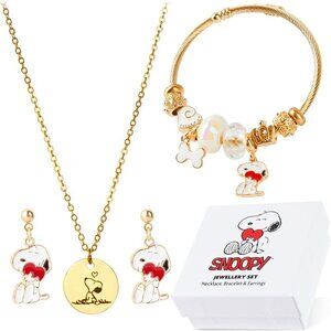Snoopy Jewelry Set Gold Tone Necklace Earrings Bracelet for Teens Women Gift